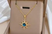 Star Starburst Blue Stone Crystal Gold Necklace