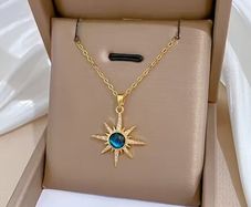 Star Starburst Blue Stone Crystal Gold Necklace