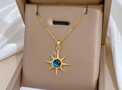 Star Starburst Blue Stone Crystal Gold Necklace