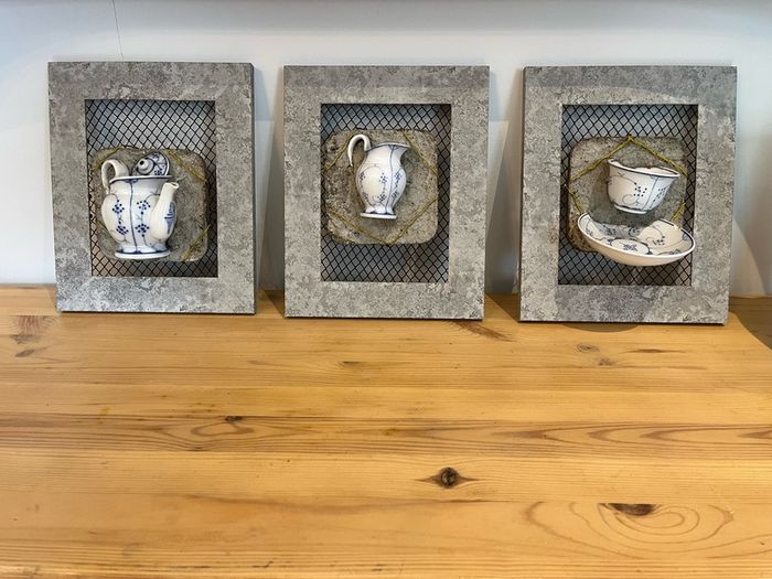 Original Mixed Media Art - Set of 3 Framed Porcelain Tea Set Sculptures | ACE Griesel Art Studios
