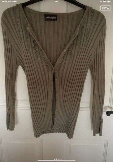 cardigan khaki principle ribbed cardigan with frill detail sizev12