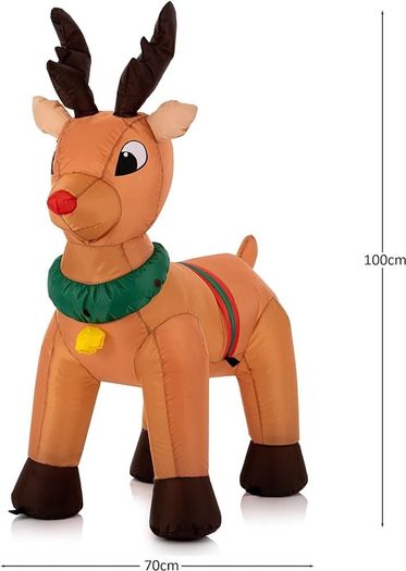 Christmas Inflatable Reindeer - Outdoor/Indoor Bright LED Light Up Porch Decoration - Built in Air Compressor - Pegs Included for Garden Use 100cm (3.3ft)