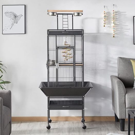 Large Aviary Cage for Parrots Inseparable Large with Pedestal Metal Wheels for Indoor Outdoor 65.5 x 65.5 x 156 cm Black