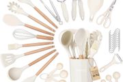 Kitchen Non Stick Cooking Utensils Set Heat Resistant Silicone Utensils with Wooden Handle Ladles, Spoons and Spatulas Set Kitchen Tools Accessories 35pcs, Cream
