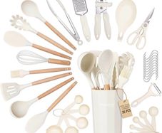 Kitchen Non Stick Cooking Utensils Set Heat Resistant Silicone Utensils with Wooden Handle Ladles, Spoons and Spatulas Set Kitchen Tools Accessories 35pcs, Cream