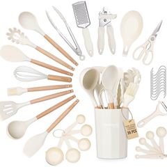 Kitchen Non Stick Cooking Utensils Set Heat Resistant Silicone Utensils with Wooden Handle Ladles, Spoons and Spatulas Set Kitchen Tools Accessories 35pcs, Cream