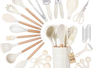 Kitchen Non Stick Cooking Utensils Set Heat Resistant Silicone Utensils with Wooden Handle Ladles, Spoons and Spatulas Set Kitchen Tools Accessories 35pcs, Cream