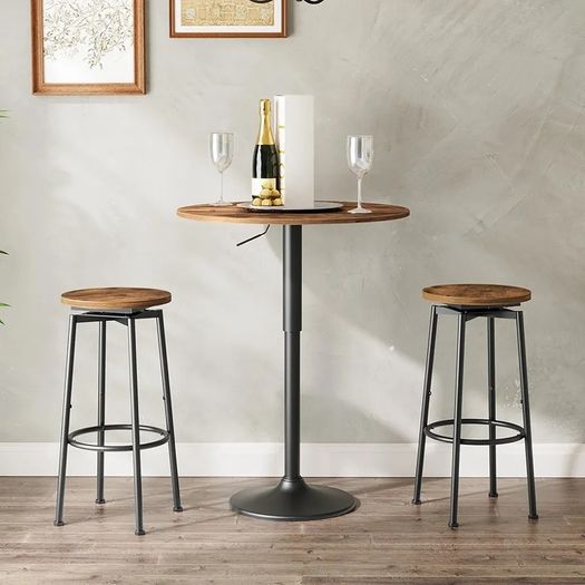 360 Swivel Bar Stools Set of 2, Round Kitchen Breakfast Stools, Bar Chairs with Footrest, for Kitchen Islands, Cafe, Counter, Rustic Brown and Black