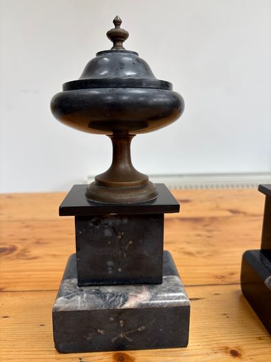 Matching pair of antique marble, slate and brass ornaments.