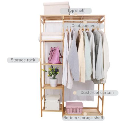 Bamboo Wood Clothing Garment Rack with Shelves Clothes Hanging Rack Stand for Child Kids Adults Cloth Shoe Coat Storage Organize