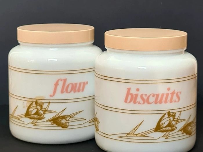 Candlelight England Milk Glass Canisters Flour & Biscuits vintage Jars Set