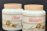 Candlelight England Milk Glass Canisters Flour &amp; Biscuits vintage Jars Set