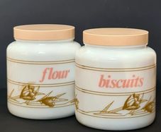 Candlelight England Milk Glass Canisters Flour & Biscuits vintage Jars Set