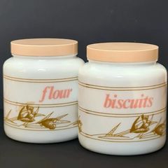 Candlelight England Milk Glass Canisters Flour & Biscuits vintage Jars Set