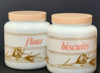 Candlelight England Milk Glass Canisters Flour & Biscuits vintage Jars Set