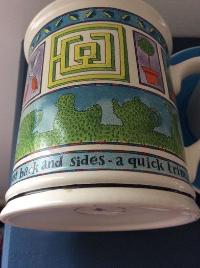 A Large Whittard of Chelsea  Tankard Mug " A Short Back and Sides - A Quick Trim" and a blue polka dot tea cup and matching saucer