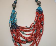 Multi-Strand Tribal Necklace Red Coral, Turquoise Howlite & Lapis Beads