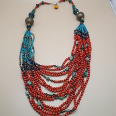 Multi-Strand Tribal Necklace Red Coral, Turquoise Howlite & Lapis Beads