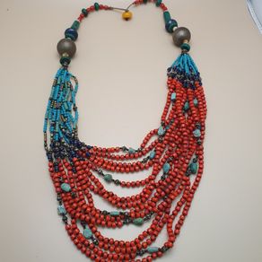 Multi-Strand Tribal Necklace Red Coral, Turquoise Howlite & Lapis Beads