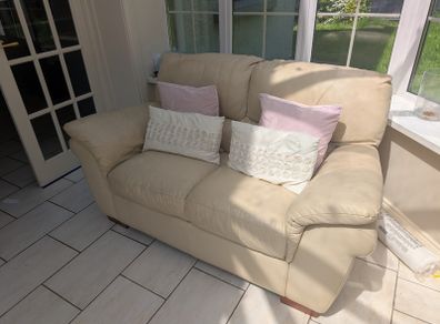 Ultra-Comfortable 2-Seater and 3-Seater Cream Leather Sofa (Well-Loved / Fair Condition)