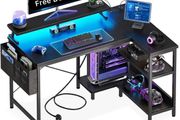 L Shaped Gaming Desk with LED Lights, 100 x 70 cm Computer Desk with Power Outlet