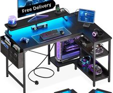 L Shaped Gaming Desk with LED Lights, 100 x 70 cm Computer Desk with Power Outlet