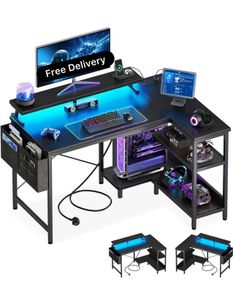 L Shaped Gaming Desk with LED Lights, 100 x 70 cm Computer Desk with Power Outlet