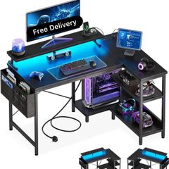 L Shaped Gaming Desk with LED Lights, 100 x 70 cm Computer Desk with Power Outlet