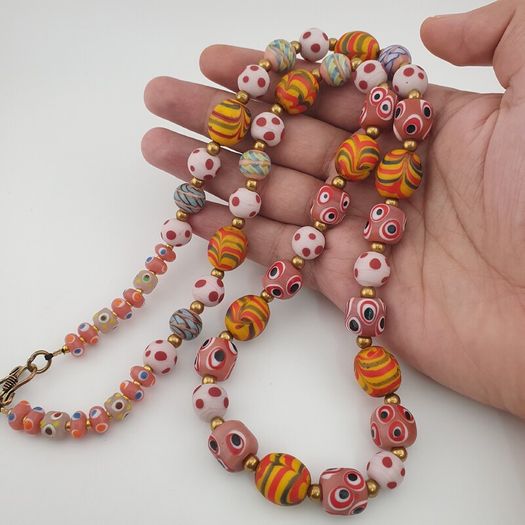 Antique Venetian Style Mix Eyes & Feather Desgin Glass Beads Necklace