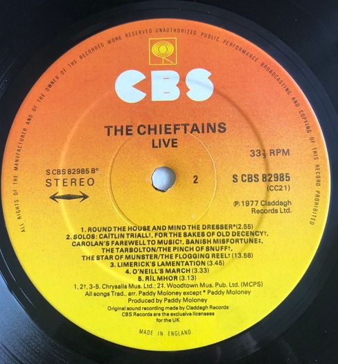 Chieftains Live Vinyl Album 1977