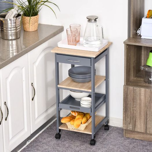 Multi-tier Rolling Kitchen Trolley Serving Cart with 3-Bottle Wine Rack, 1 Drawer, 1 Tray