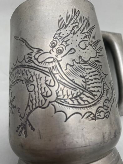 19th Century Chinese Pewter Engraved Dragon Mug - Marked