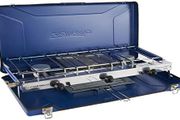 Chef Folding Double Burner Stove and Grill, compact gas cooker for camping or festivals, Blue