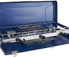 Chef Folding Double Burner Stove and Grill, compact gas cooker for camping or festivals, Blue