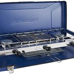 Chef Folding Double Burner Stove and Grill, compact gas cooker for camping or festivals, Blue
