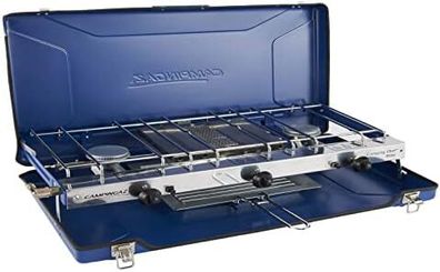 Chef Folding Double Burner Stove and Grill, compact gas cooker for camping or festivals, Blue