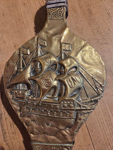 Brass Fire Bellows Early Vintage Embossed Sailing Ship