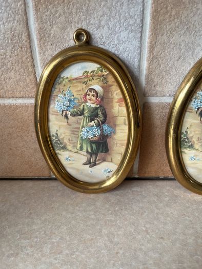 Vintage Pair Wall oval Brass frames features a young girl holding flowers