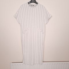 Zara Cream White Black Pinstripe Quilted Short Sleeve Shift Midi Dress Size S