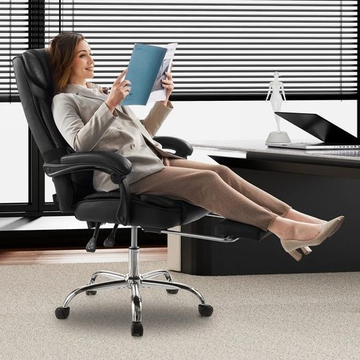 Executive Chair High Back Office Chair with Footrest and Lumbar Pillow Ergonomic Desk Chair 135 Recline & Adjustable Height, PU Leather Swivel Rolling Chair for Work Study Game Black