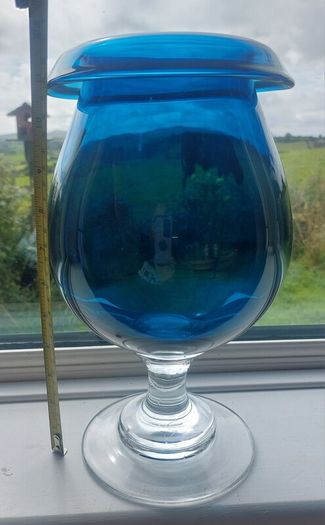 Stunning Vintage Oversized Hand-Blown Glass Brandy Balloon Vase With a Turnover Rim, In a Fantastic Petrol Blue with a Clear Stem and Foot, Perfect as a Hurricane-Style Candle Holder