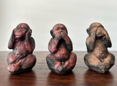 Vintage See No Evil Hear No Evil Speak No Evil Monkey Figurines  Hand-Carved Set of 3