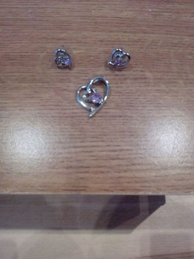 Ideal gift Silver plated silver and pink pastel crystal heart pendant only and earrings jewellery set with blue organza bag with butterfly design