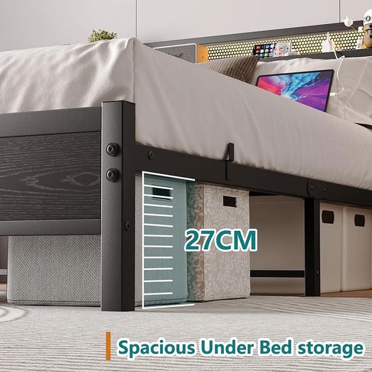 King Size Bed Frame with Storage,LED Lights,5ft Metal Bed Frame Kingsize Bed Frame with Charging Station,Mattress Foundation,Strong Steel Slats Support,Noise Free,Black
