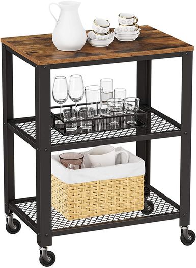 _Serving Trolley Kitchen Trolley 4 Wheels Steel Frame 3 Shelves for Kitchen Living Room Industrial Design Vintage Brown