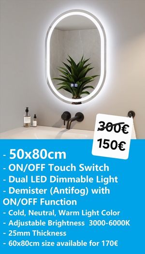 LED Bathroom Mirrors Speakers Demister Antifog Weather Station Clock Dual LED Sensor Touch