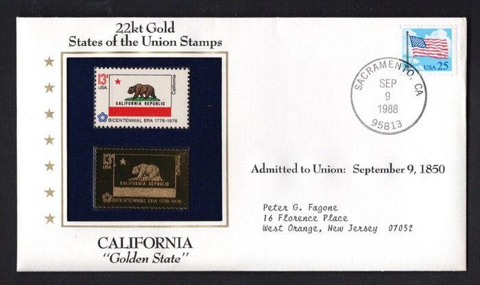 1988 USA California "Golden State" 22kt Gold Replica of the 1976 United States Flag Stamps showing 25c US flag definitive tied Sacramento, California (state capital) illustrated cover
