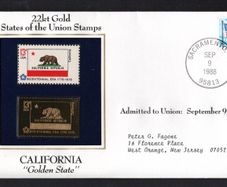 1988 USA California "Golden State" 22kt Gold Replica of the 1976 United States Flag Stamps showing 25c US flag definitive tied Sacramento, California (state capital) illustrated cover
