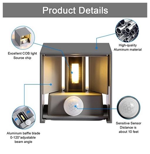 Designer 4 pack LED Outdoor Wall Lights, LEDMO, Motion Sensor,  Led IP65 Waterproof outdoor wall light with adjustable beam 6000K - Light Grey