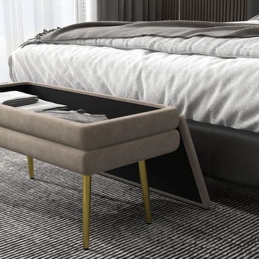 Beige Upholstered Storage Bench with Gold Steel Legs